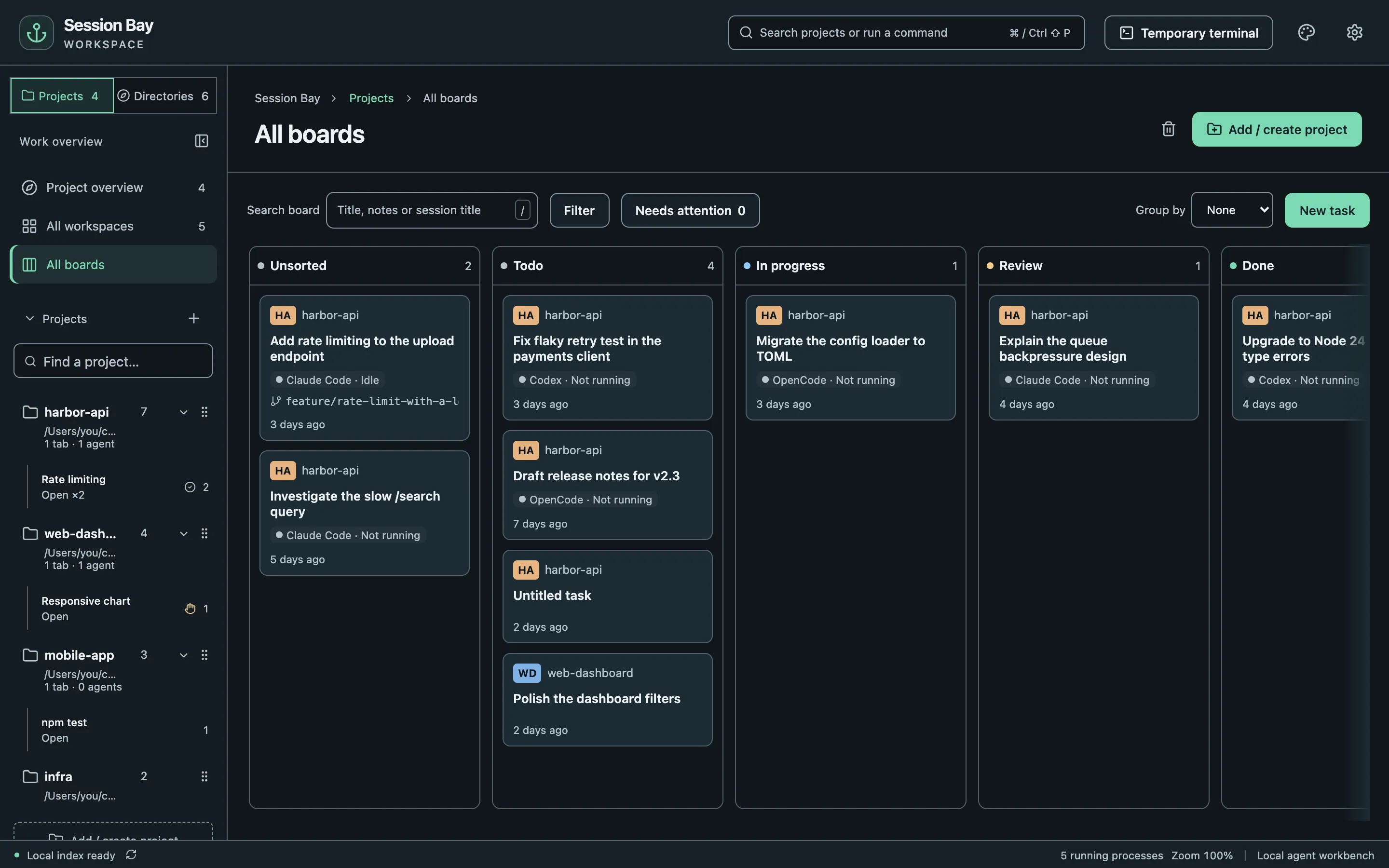 The All boards overview showing tasks from multiple projects by stage