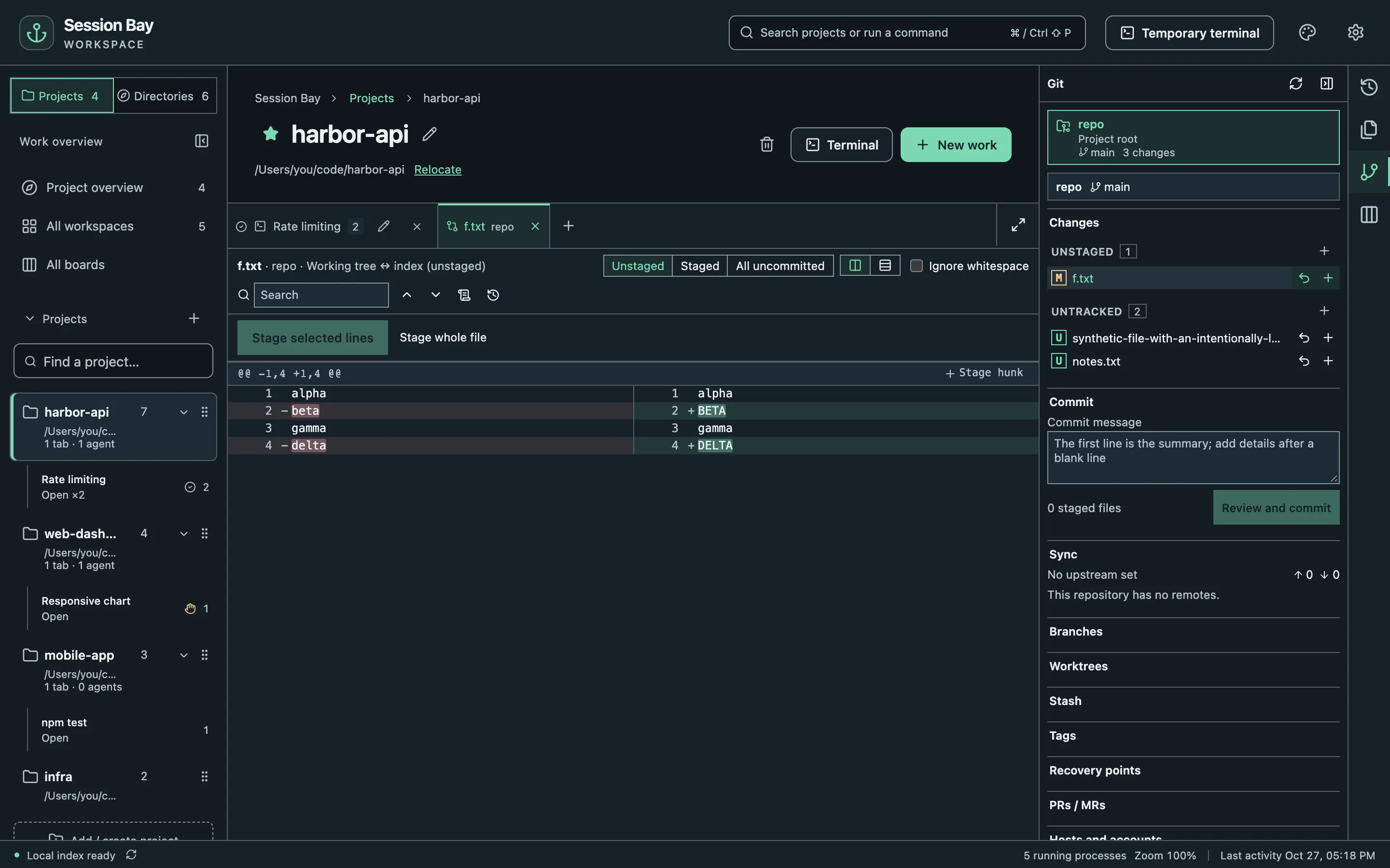 Changes, a diff and the commit box in the Git panel