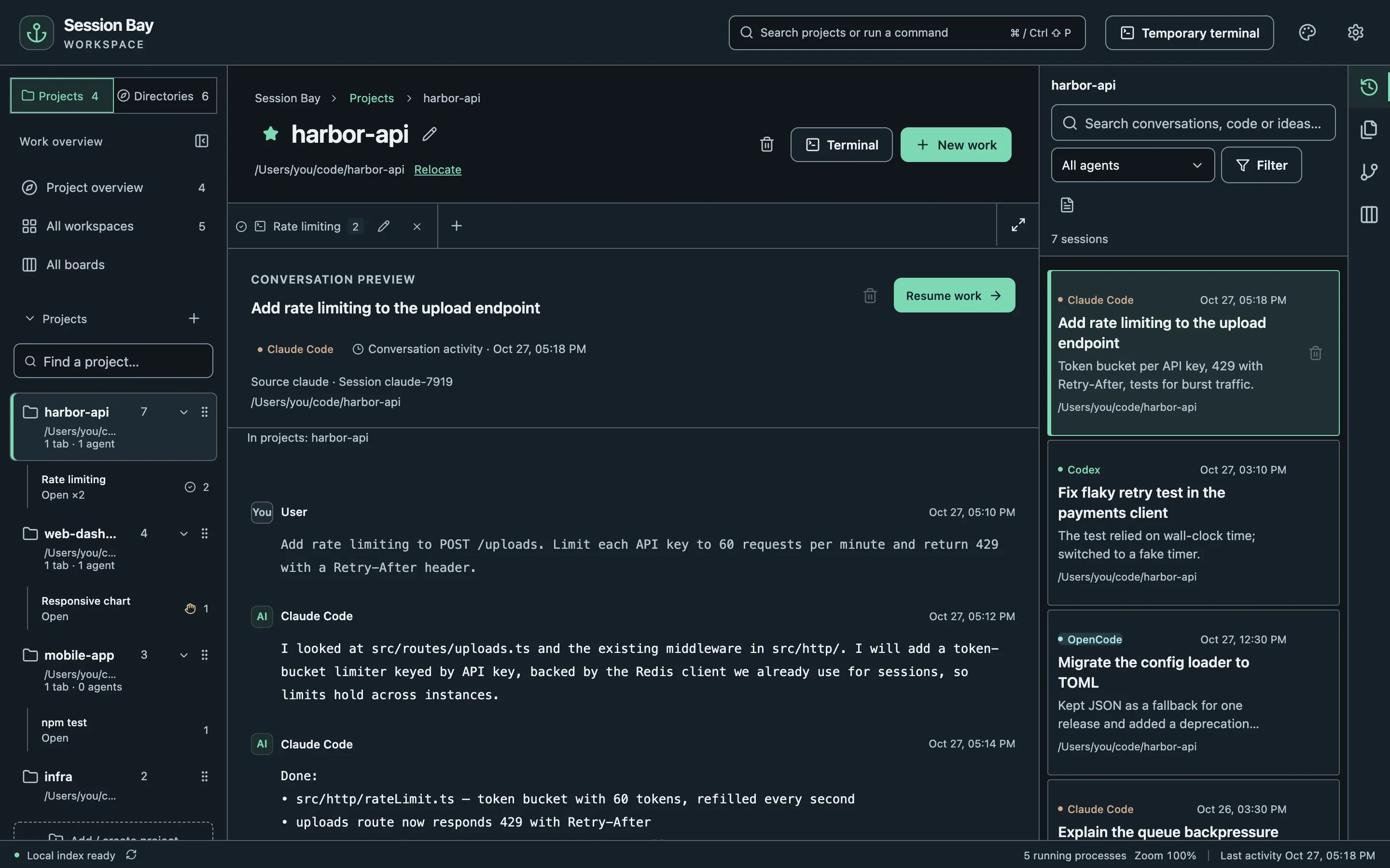 Sessions from Claude Code, Codex and OpenCode with a conversation preview