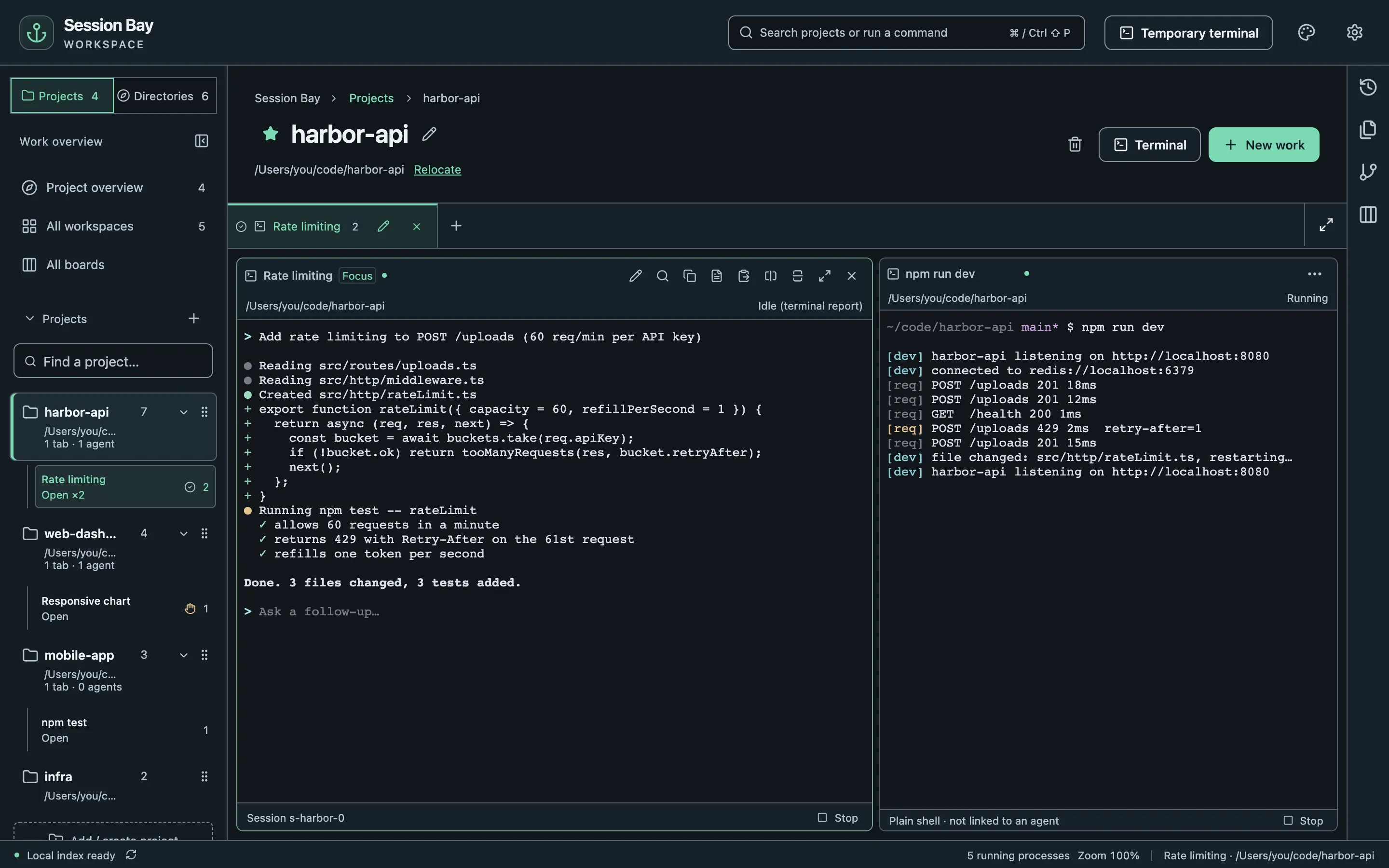 An agent and a dev server running side by side